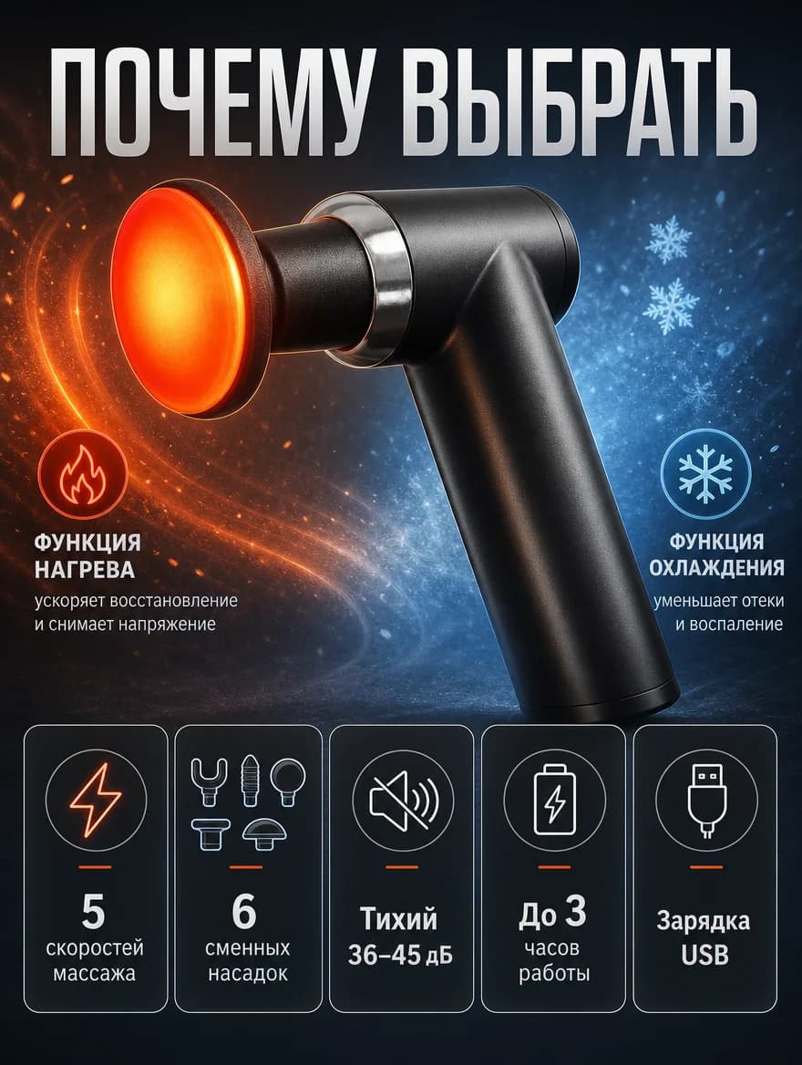 Massaj pistolet issiq-sovuq fasciya uchun — 5 tezlik, 6 nasadka, USB — 2
